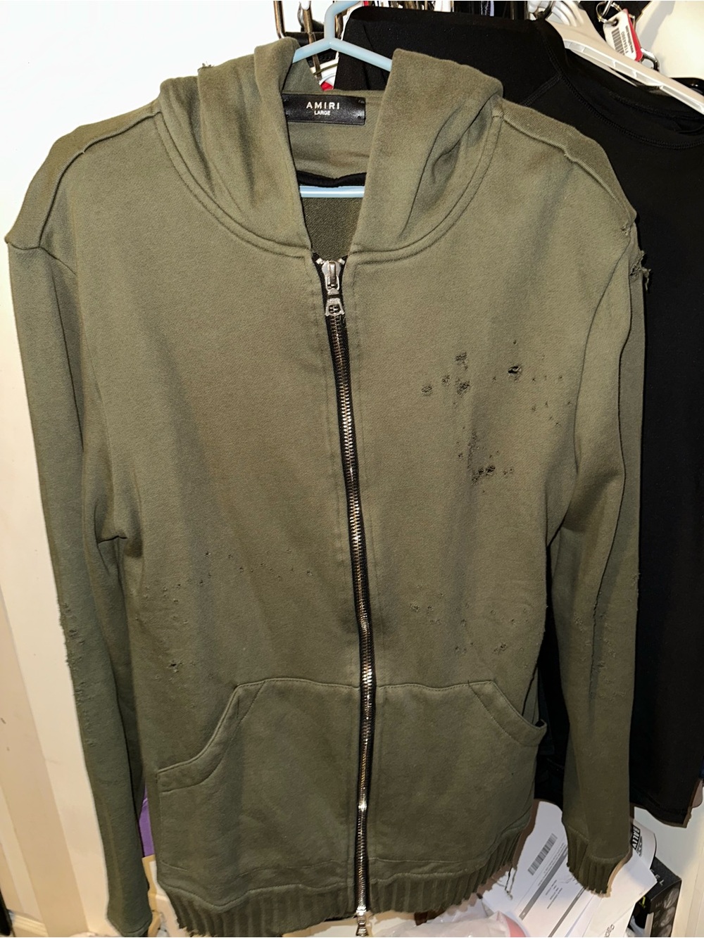 AMIRI Olive Green Distressed Zip Hoodie